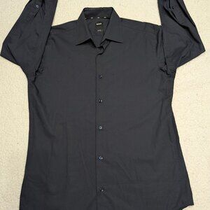 BOSS Hugo Boss Slim Fit Easy Iron Dress Shirt Navy Blue Size 39 M 15.5